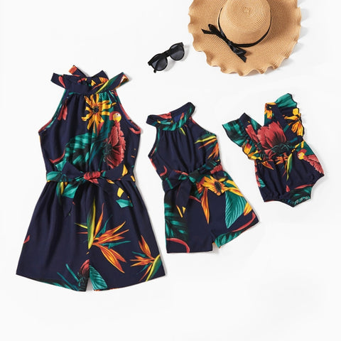 Combishort Mere Fille Tropical Bleu Nuit