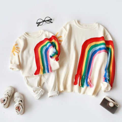 Family Clothing Autumn Fall Mom Daughter Family Clothes Rainbow Sweater Knitwear Sweater Pullover Mom Son Keep Warm Clothes Pull Mere Fille Mon Mini Moi 
