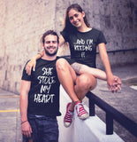 OMSJ New She Stole My Heart ...And I'm Keeping It Short Sleeve T-Shirt Valentine Funny Couples T Shirt Matching Couple Clothing T Shirt Couple Mon Mini Moi 